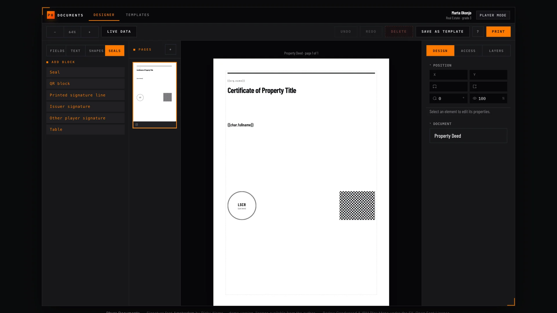 Selos, blocos QR e linhas de assinatura do Phyre Documents