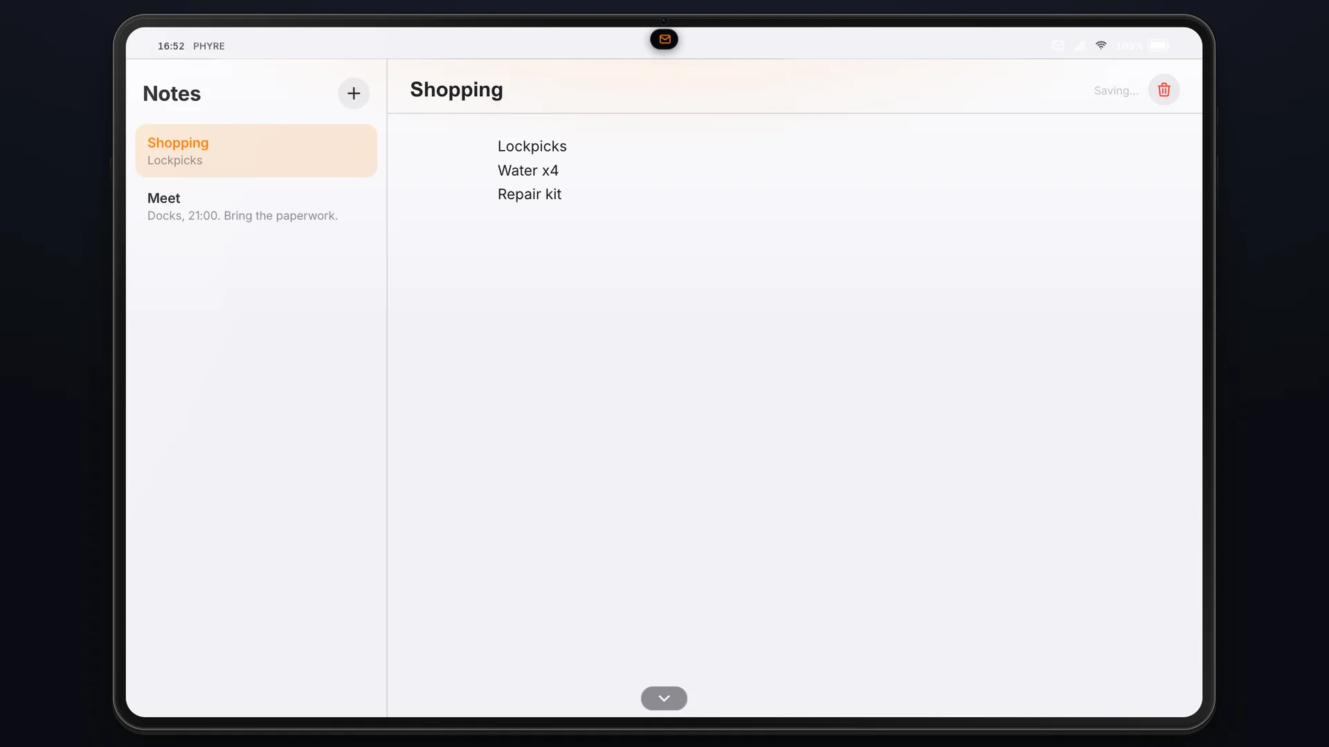 App de Notas do Phyre Tablet