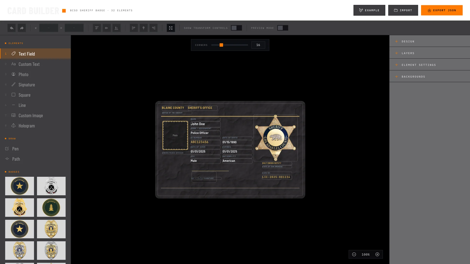 Editor de cartões do Phyre License Creator com um modelo de exemplo