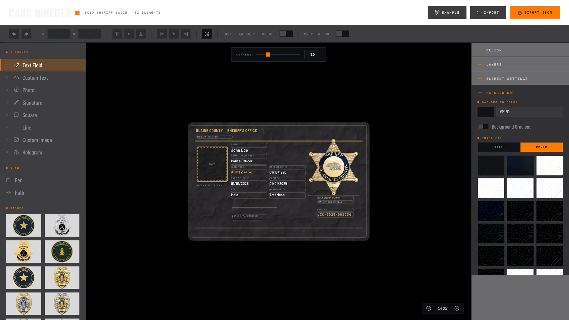 Seleção de fundos e texturas do editor de cartões