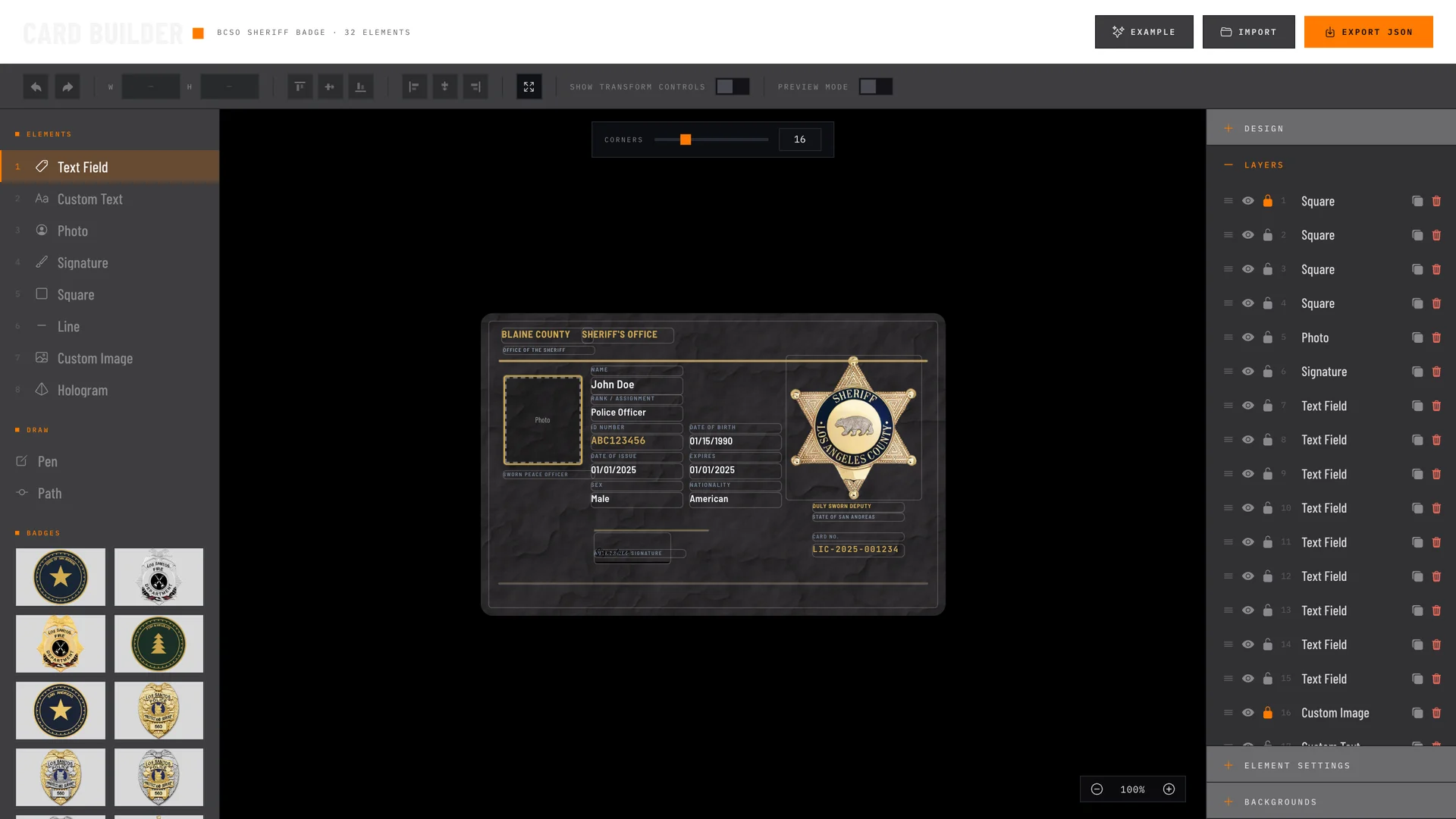Painel de camadas do editor de cartões