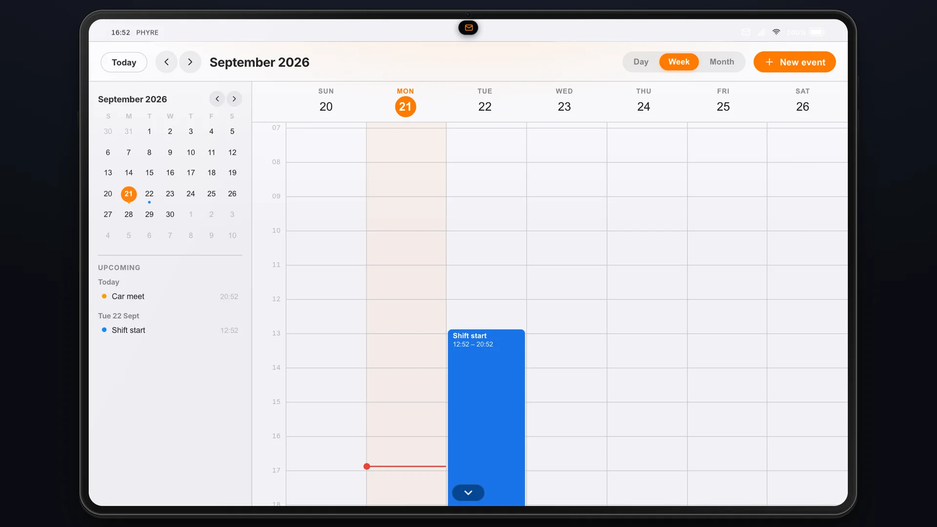 App de Calendário do Phyre Tablet em vista semanal