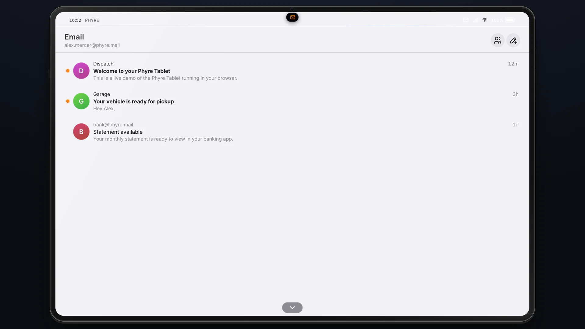 App de Email do Phyre Tablet com caixa de entrada