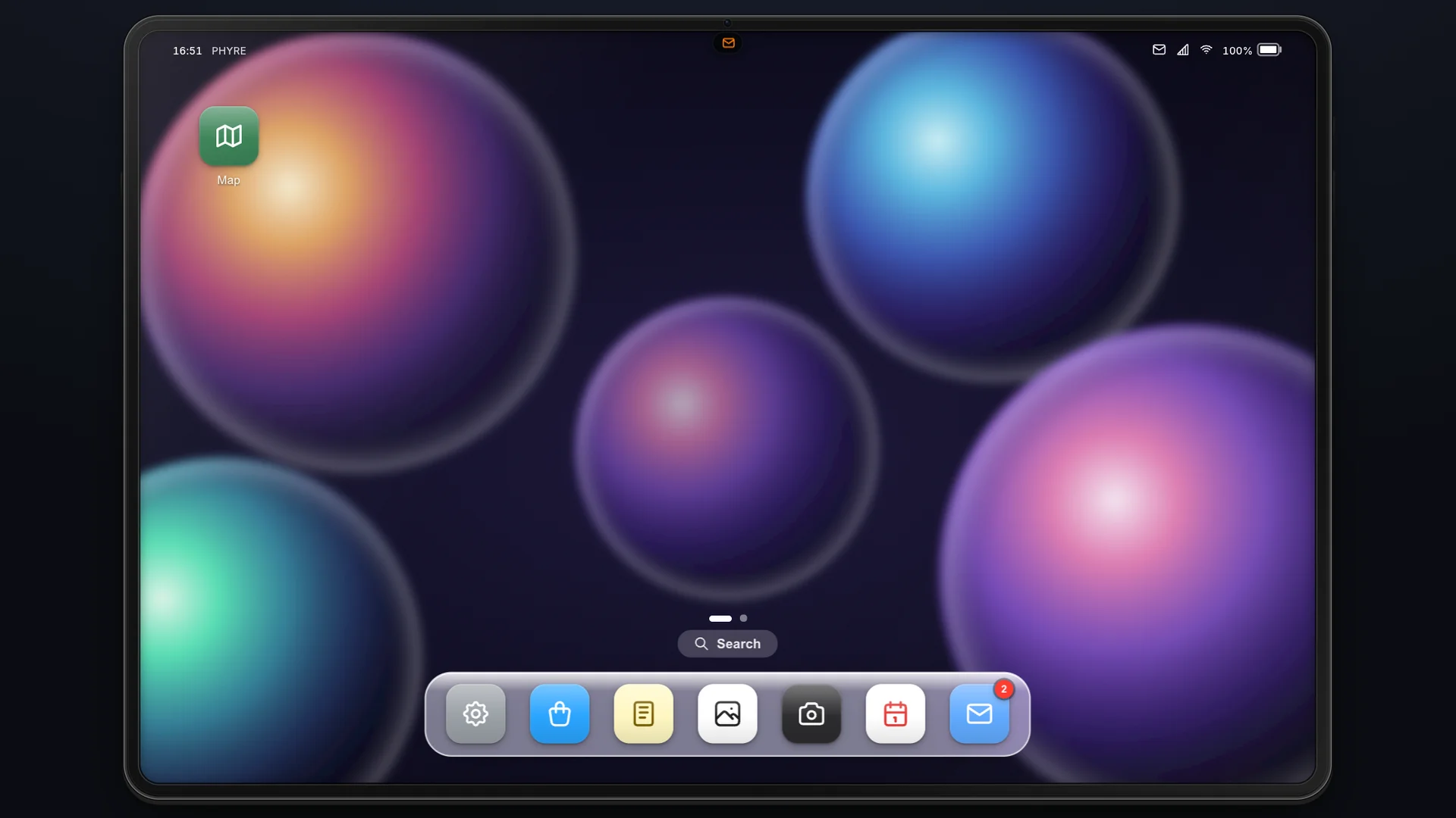 Ecrã inicial do Phyre Tablet com dock e ícones de apps