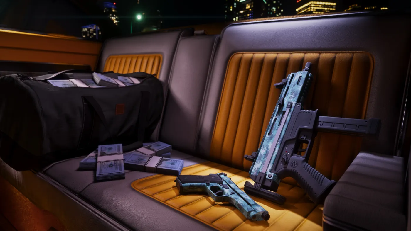 Armas e dinheiro guardados no banco traseiro de um carro em GTA VI