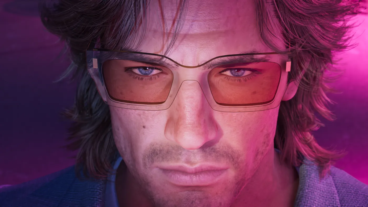 Jason Duval em close-up, de óculos escuros, em GTA VI