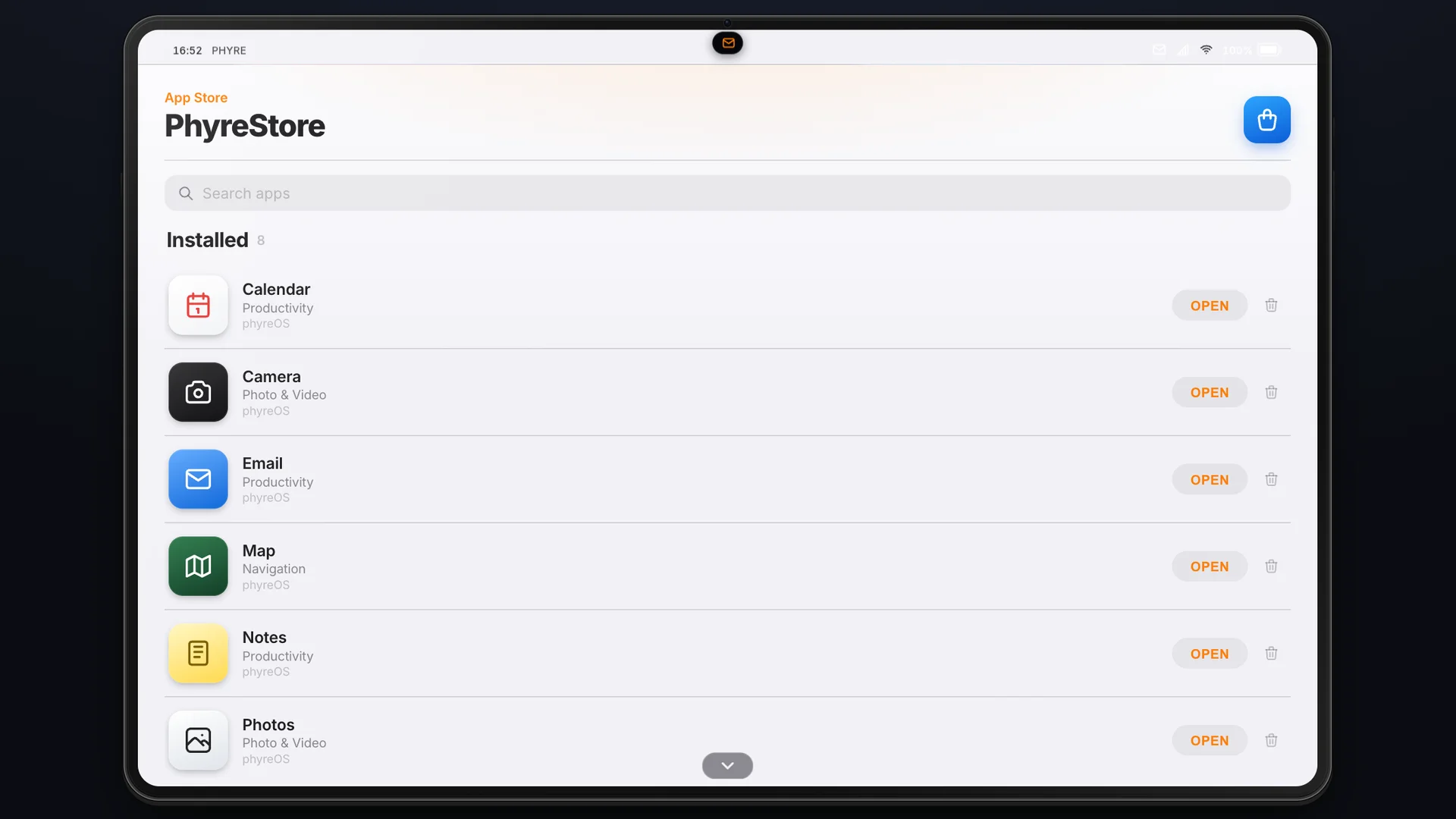 PhyreStore com as apps instaladas no tablet