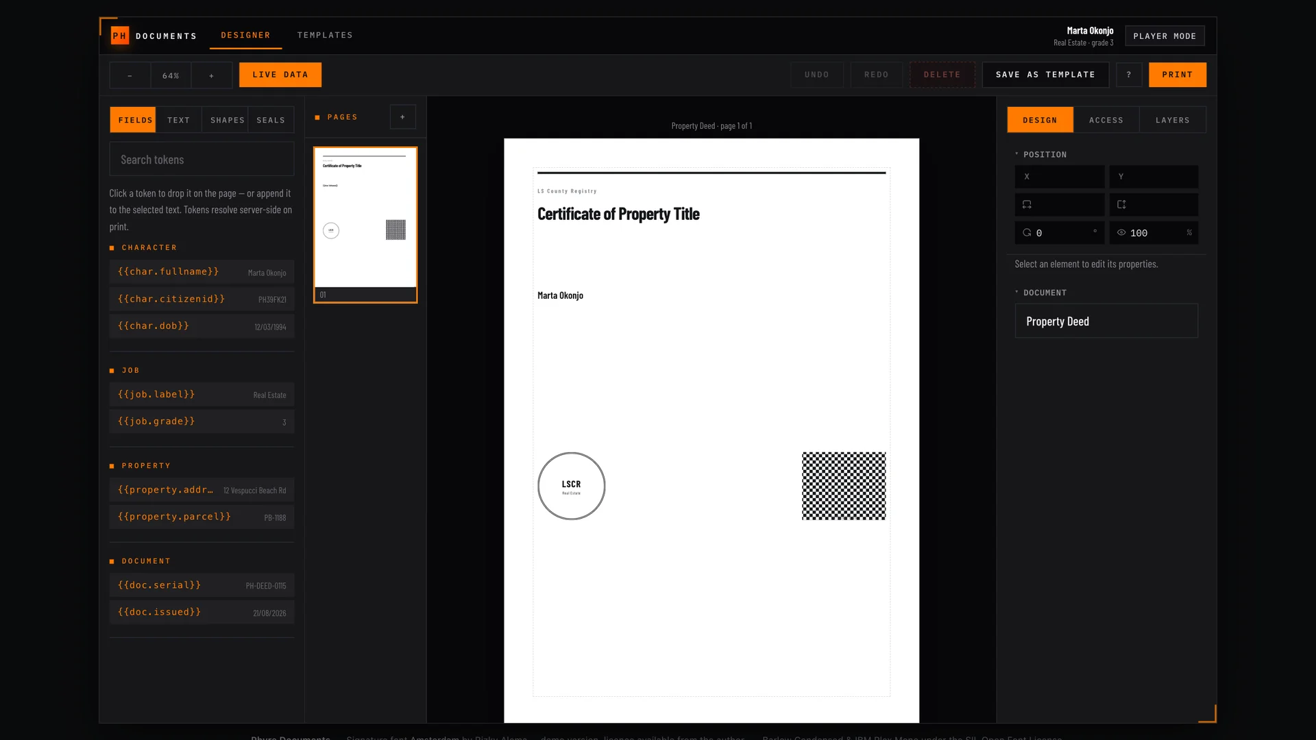Editor A4 do Phyre Documents com dados da personagem preenchidos